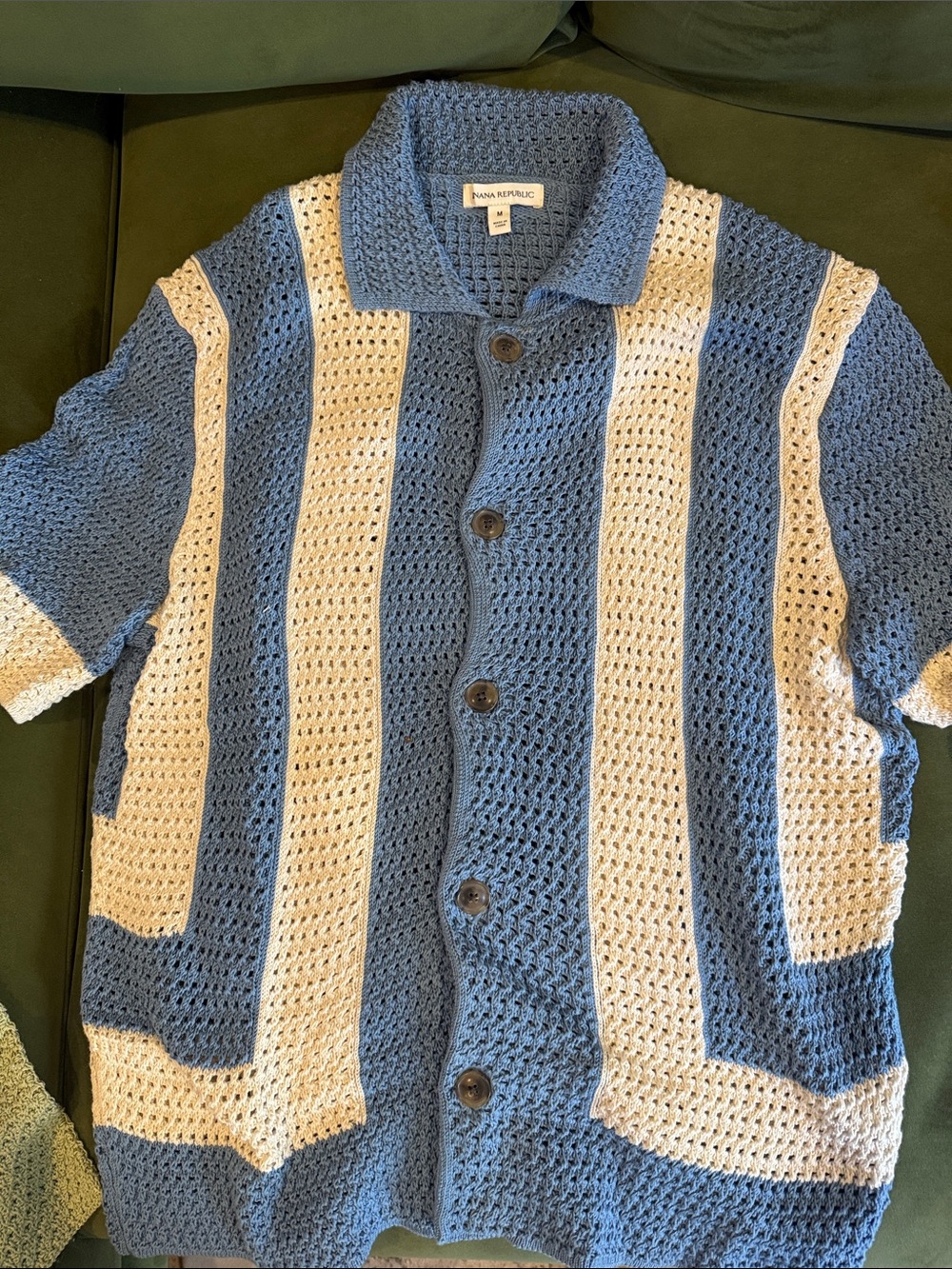 Banana Republic Blue & Cream Crochet Stripe Button-Up Cardigan
